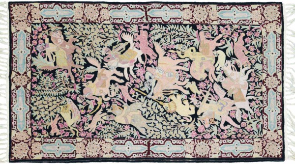 Chainstitch carpet 90x150 handwoven brown animal motifs handwork woven