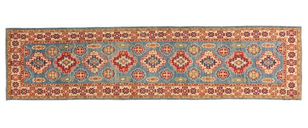 Kazak Teppich 80x300 Handgeknüpft Läufer Blau Geometrisch Orientalisch UNIKAT Kurzflor