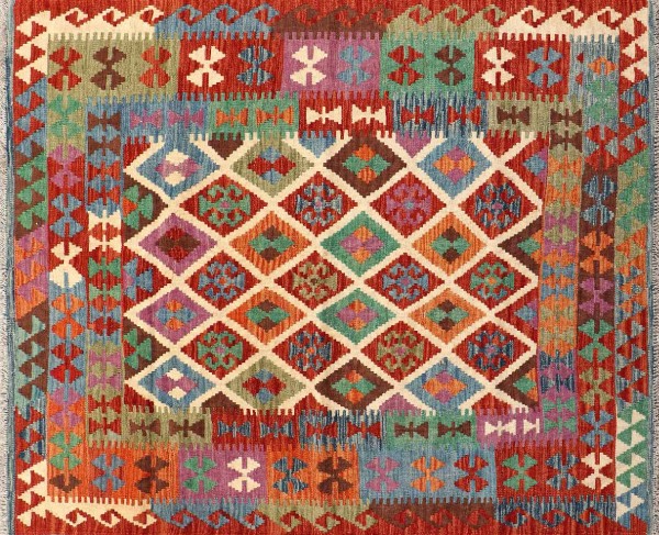 Afghan Maimana Kelim Teppich 160x190 Handgewebt Bunt Geometrisch Handarbeit Gewebt
