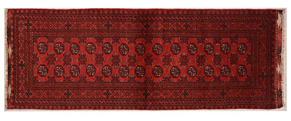 Afghan Aqcha Teppich 70x260 Handgeknüpft Läufer Rot Geometrisch Orient Kurzflor