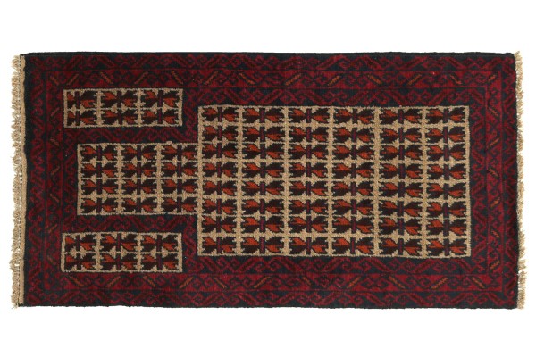 Afghan Belutsch 80x120 Handgeknüpft Teppich Rot Geometrisch Muster Kurzflor