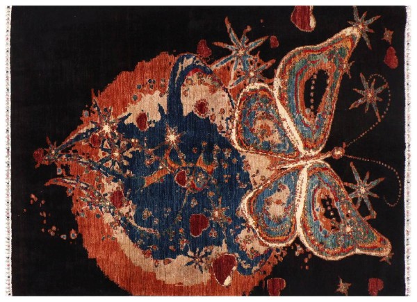 Afghan Ziegler Galaxy Schmetterling Teppich 170x240 Handgeknüpft Schwarz Abstrakt