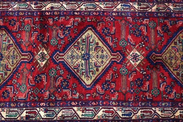 Perser Hamedan Teppich 90x300 Handgeknüpft Läufer Rot spiegelmuster Wolle Kurzflor Rug