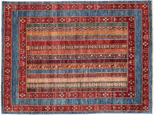 Afghan Khorjin Shaal Teppich 100x150 Handgeknüpft Blau Streifen Orient Kurzflor