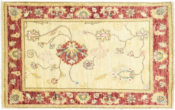 Afghan Chobi Ziegler Teppich 60x90 Handgeknüpft Beige Blumenmuster Orient Kurzflor