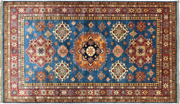 Afghan Kazak Fine Teppich 180x260 Handgeknüpft Blau Geometrische Orient Kurzflor