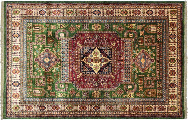 Afghan Kazak Fine Teppich 170x240 Handgeknüpft Grün Geometrische Orient Kurzflor