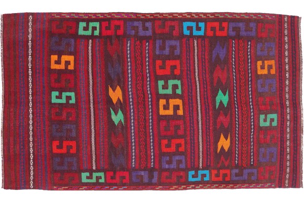 Afghan Kelim Soumakh Ghalmuri Teppich 120x220 Handgewebt Rot Geometrisch Handarbeit