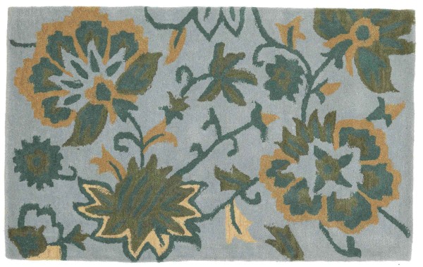 Virgin Wool Carpet Flowers 90x150 Blue Floral Pattern Hand Tufted Modern