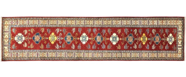 Afghan Fine Kazak Rug 90x340 Hand Knotted Runner Red Floral Pattern Orient Short Pile