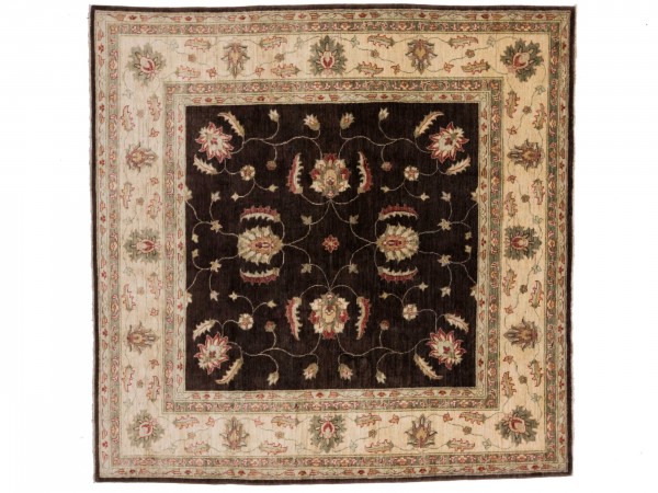 Afghan Chobi Ziegler Rug 200x200 Hand Knotted Square Brown Floral Pattern Orient