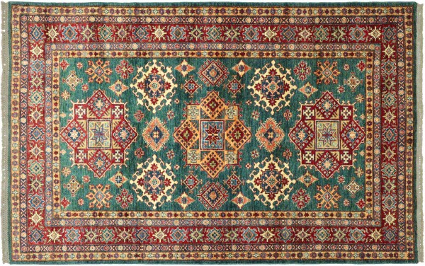 Afghan Kazak Fine Teppich 160x230 Handgeknüpft Grün Geometrische Orient Kurzflor