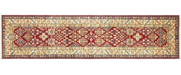 Afghan Fine Kazak Rug 80x300 Hand Knotted Runner Red Geometric Orient Short Pile