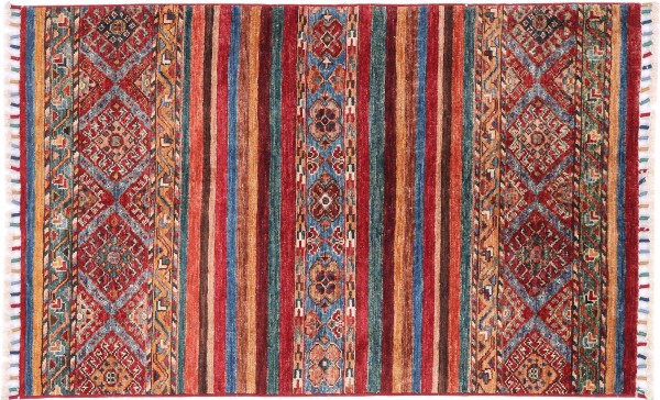 Afghan Ziegler Khorjin Rug 90x120 Hand-Knotted Colorful Striped Orient Short Pile