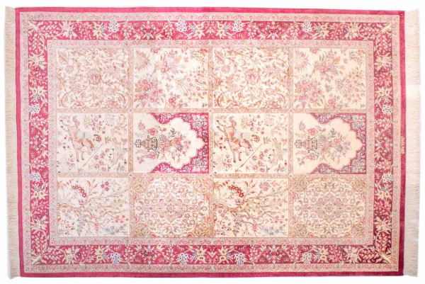 Perser Ghom Seidenteppich 140x200 Handgeknüpft Teppich Beige Orientalisch