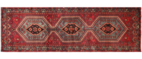 Persian Hamadan animal motif carpet 110x310 hand-knotted runner red mirror pattern Orient
